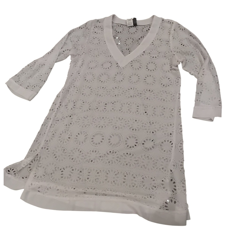 Kenneth Cole Reaction White Eyelet Swim Cover Up V-Neck Tunic RS142H5 M